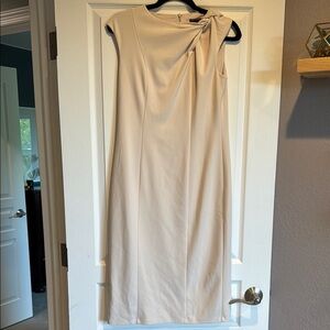 Maggy London Cream Asymmetrical Ruched Midi Dress